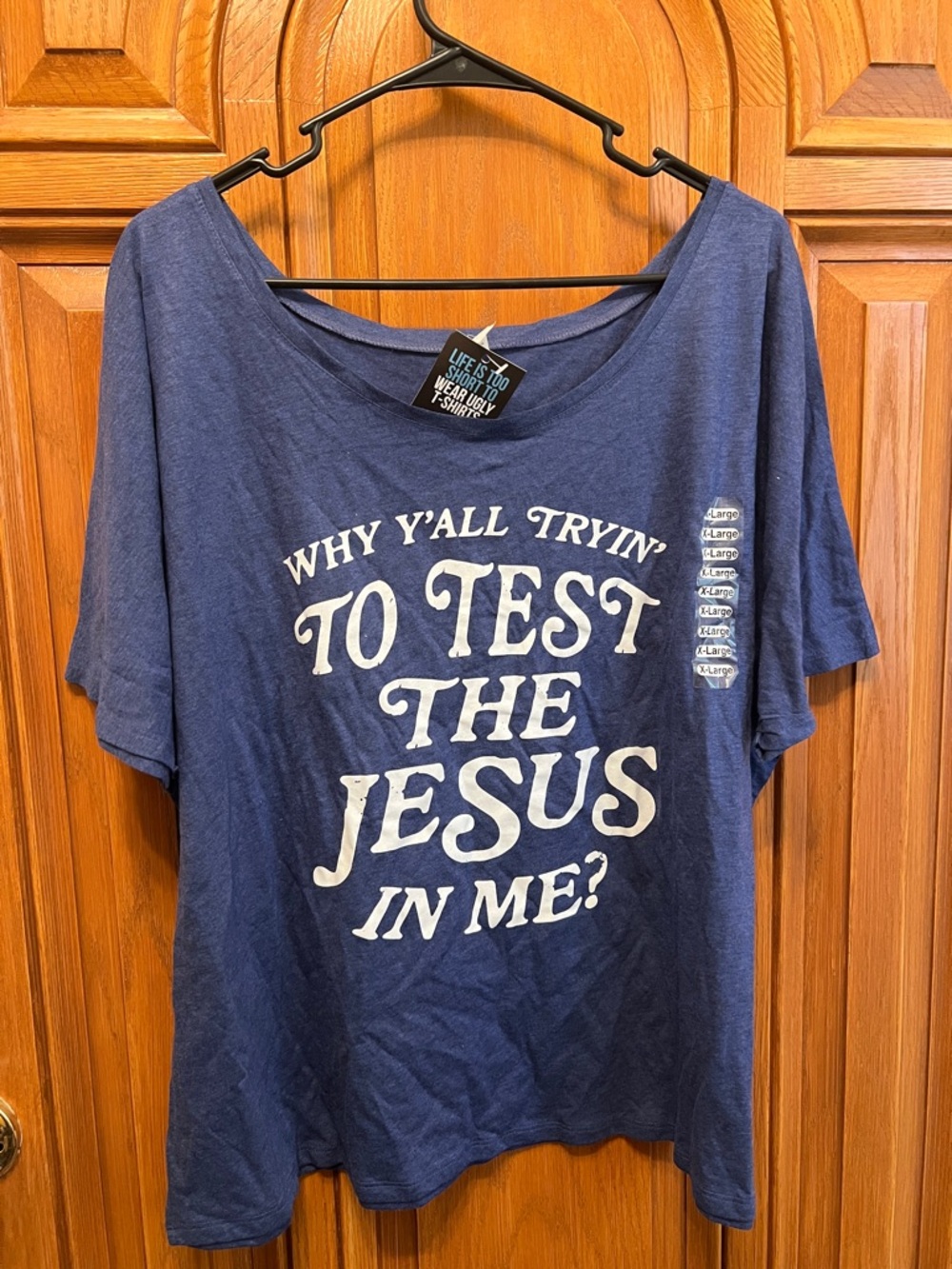 Navy Graphic Tee "Why Y'all Tryin' To Test The Jesus In Me?"